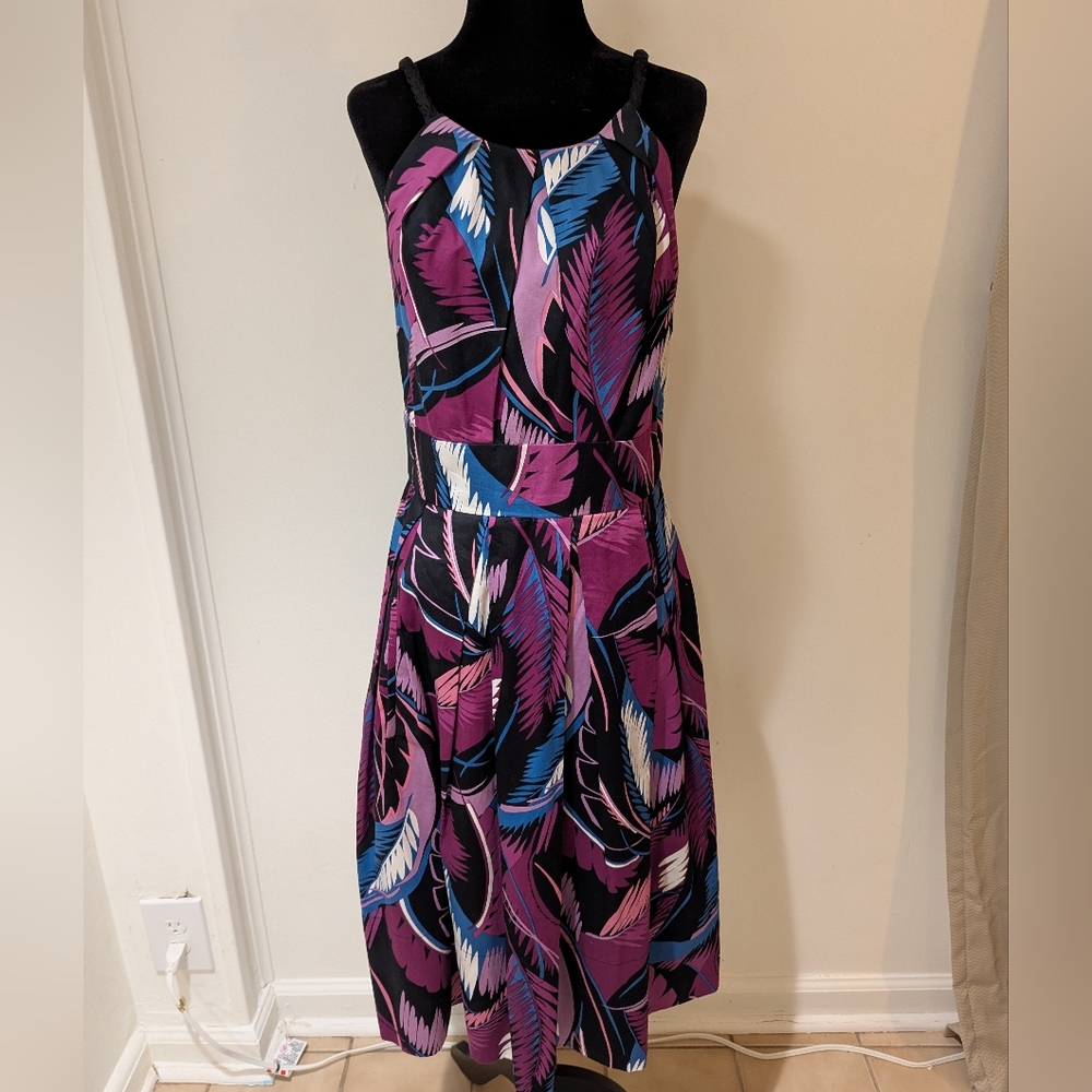 Donna Ricco Floral Leaf Pattern Purple Blue Black Sleeveless Dress Cotton Sz 10